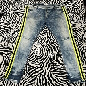 Mackeen market men’s striped neon green ripped skinny jeans Y2K acid wash size42
